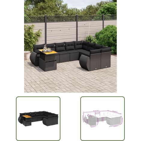 The Living Store Salon de jardin 10 pcs avec coussins noir résine tressée - Ensemble Salon De Jardin - Meuble Extérieur - Résine Tressée - Rotin Synthétique - Table Extensible (1/3)