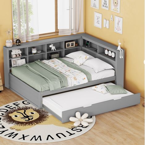 MEUBLIV Cama 140x200 cm gris – con cama nido USB y almacenaje, sin colchón (1/5)
