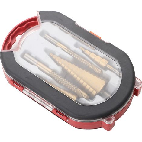 6 forets étagés métal résistants à l'usure, dureté élevée, alésage, lot de 3 mèches étagées + 3 scies trépan, 100 mm / 3,9 po, coffret de rangement inclus (1/5)