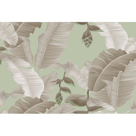 Papier peint panoramique jungle pour couloir Tapisserie panoramique verte et grise à motif feuille Papiers peints panoramiques modernes pastels (1/2)