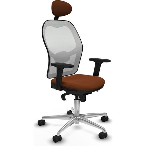 Jorquera sincro malla blanca similpiel marrón brazos 2D base aluminio cabecero fijo ruedas 65mm nailon (1/5)