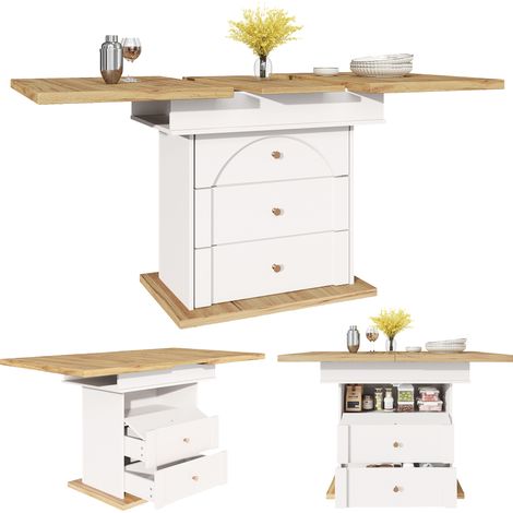 Table à manger extensible pliante- 110-140×80cm- Avec 3 Tiroirs- 6 à 8 personnes- MDF- Salle a manger,Salon- Blanc (1/5)
