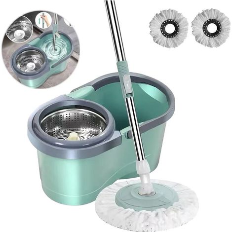 Balai essoreur automatique avec seau et 3 têtes de balai, convient pour le salon/la cuisine/la salle de bain, vert. (1/5)
