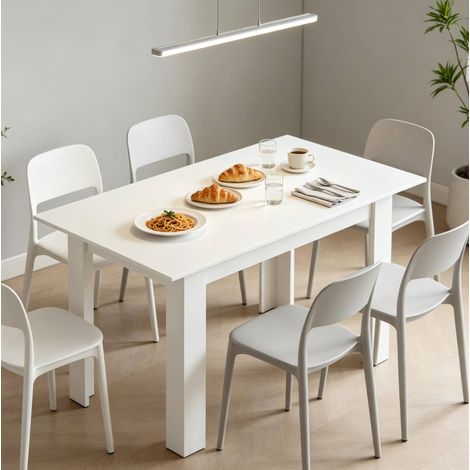 Mesa de comedor extensible (180x80x75 cm), de 6 a 8 plazas, rieles de acero, MDF con melamina blanca (1/5)