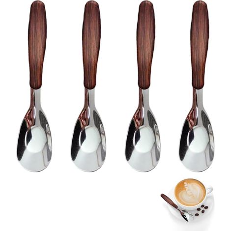 4 piezas - Cucharas de té de madera estilo retro - Acero inoxidable - Mangos marrones - Acabado pulido efecto espejo - Para cocina, hogar y restaurante (1/5)