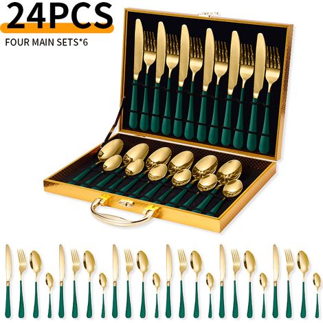 Service de 24 couverts en acier inoxydable – pour 6 personnes – avec coffret – acier inoxydable – vert/or (1/5)
