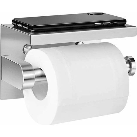 Toilet paper holder. Self-adhesive, non-perforated. Stainless steel. With storage space for a mobile phone. For kitchen and bathroom toilets. (1/5)