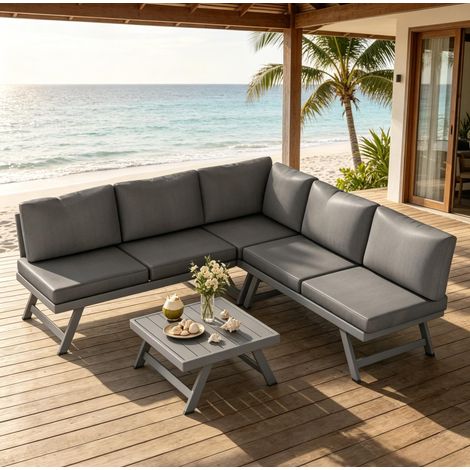 Salon de jardin d’angle 4 pièces gris avec table basse, acier et aluminium, OKWISH (1/5)