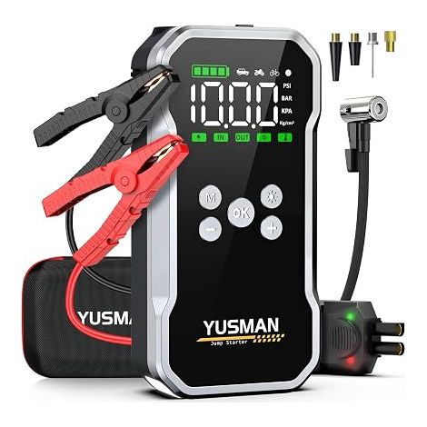 Car Battery Booster with Compressor 160 PSI – 12V Portable Starter for 10L Petrol/8L Diesel – Smart Safety Clamps, LED, Power Bank Function (1/5)