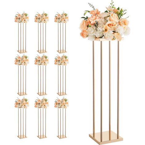 Mophorn Hochzeitsblumenständer 200x200x800 mm, 10er-Set Blumenhocker mit Metallablage & zylindrischen Beinen, Pflanzenständer für Feiern, Partys, Geburtstage, Zuhause und Tischdekoration
