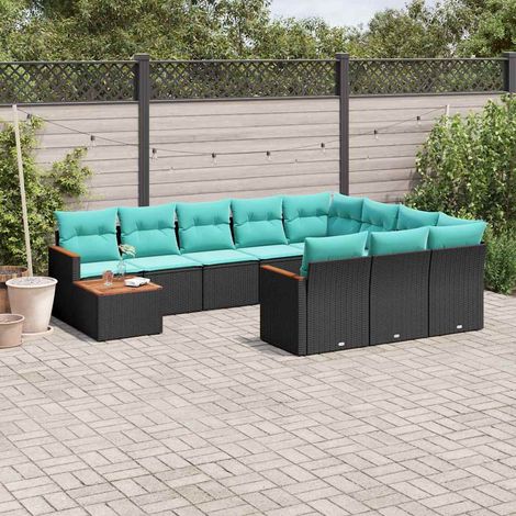 Salon de jardin modulable 11 pièces en résine tressée PE noire, coussins bleus - PANGIVO (1/5)