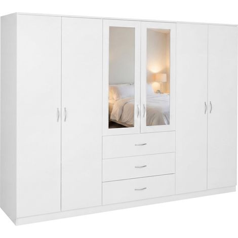Riano 6 Door 3 Drawer Mirrored Wardrobe with Large Hanging Space and Storage Shelves White