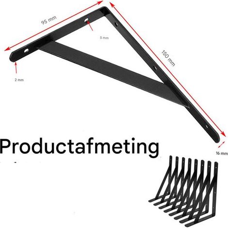 Soporte de pared y escuadra，10 soportes triangulares de 150x95 mm con tornillos，Fabricado en acero，10 piezas，Para uso interior y exterior，Negro (1/4)