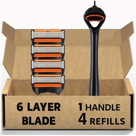 rasoir electriques hommes-Rasoir Sécurité 6 Lames Inox Orange – Pour Rasage Sensible Sans Irritation (4 Lames + Porte-Lames Transport) (1/4)