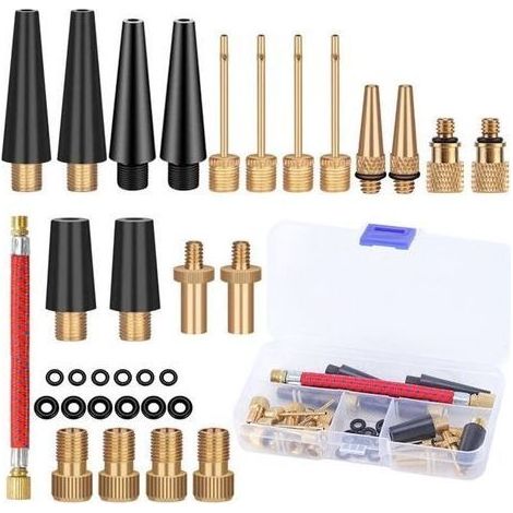 33 Pièces Embout Pompe Velo Gonfleur Ballon, Adaptateur de Valve avec Tuyau de Gonflage, pour Vélo, DV SV AV Adaptateur Pompe Velo avec Boîte de Rangement, Pompe à Vélo et Compresseurs Pompes (1/4)