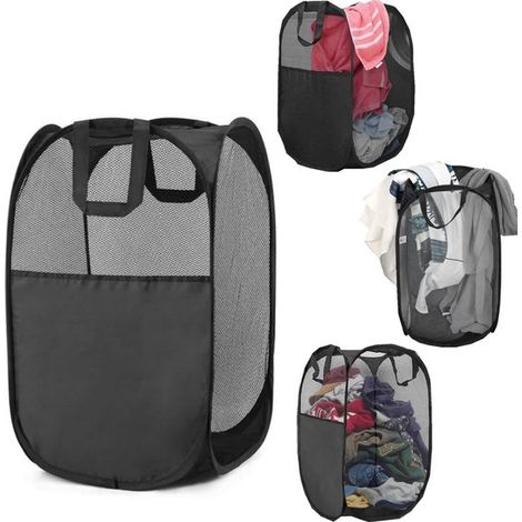 Panier à linge pliable 36 x 58 cm - sac de rangement en maille pop-up avec anse, noir (1/5)