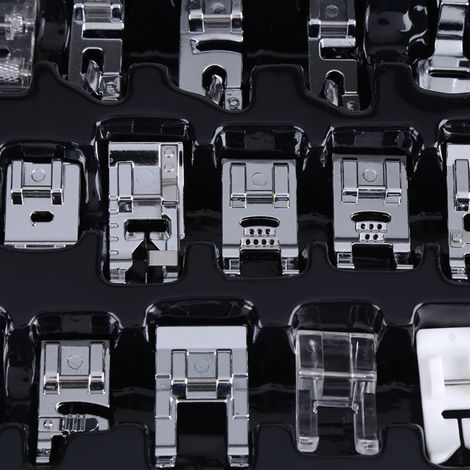 Ensemble de 42 accessoires multifonctionnels pour machine à coudre, comprenant des pieds-de-biche pour tricot, couture invisible et réparation. (1/5)
