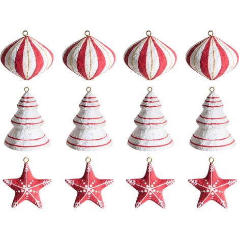 Conjunto de 12 adornos de Navidad colgantes para el árbol hechos a mano de papel maché blanco/rojo Gidealven