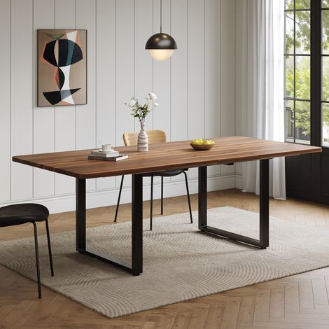 Table extensible 3 longueurs 140/180/220x80cm, piètement métal robuste, pour 6 à 10 personnes, noyer, plateau résistant et mécanisme d'extension fluide (1/5)