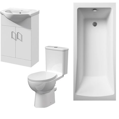 1700mm Bathroom Suite with Square Single Ended Bath Tub, Front Panel, 550mm Vanity Basin Unit and Toilet and Seat - Gloss White