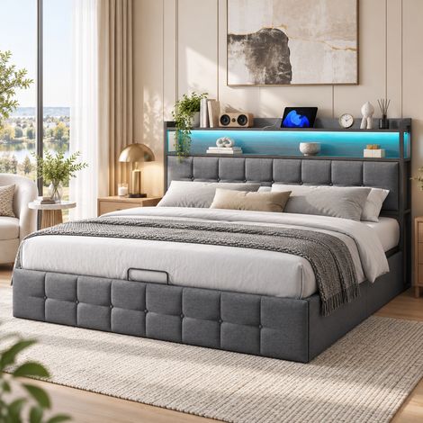 Lit coffre 140x190 cm avec sommier à lattes, lit double capitonnée avec chevet, LED et USB, rangement hydraulique, velours gris