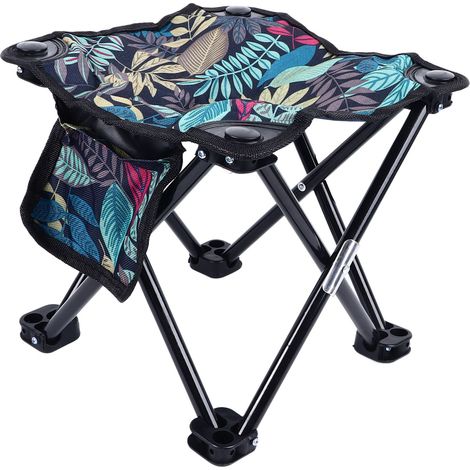 Tabouret de camping portable en toile à motif de feuilles, chaise pliante compacte d'extérieur avec sac de transport pour adultes, idéal pour la pêche, la randonnée, le jardinage et la plage (bleu). (1/5)