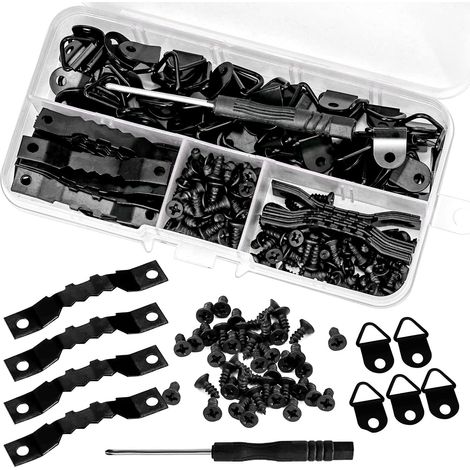 (Negro-dorado) 252 piezas de ganchos para cuadros, colgadores de metal para cuadros, clips para marcos + destornillador, ganchos para marcos de pared, sujetadores triangulares para cuadros con dientes (1/5)