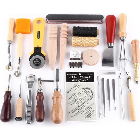 Lot d'outils de maroquinerie : poinçon à main, rainureuse de selle, accessoires pour couture et gravure du cuir (1/5)