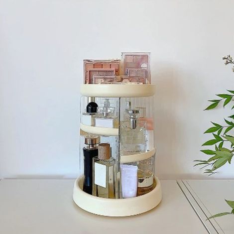 Organisateur cosmétique pivotant Organiseur de bureau rotatif 360° Stratifié PS + HIPS Blanc lait 32x25.6cm Rangement domestique multi-étages pour maquillage et soins (1/5)