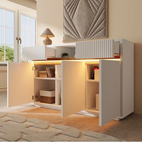 Aparador de cocina LED con 2 cajones y 3 puertas, almacenamiento ajustable, 140x40x85 cm, madera blanca (1/5)