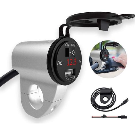 Chargeur de téléphone pour moto avec voltmètre et fusible, chargeur étanche pour prise USB de moto avec interrupteur, adapté aux guidons de moto d'un diamètre de 2,2 cm, prise USB unique, argent.