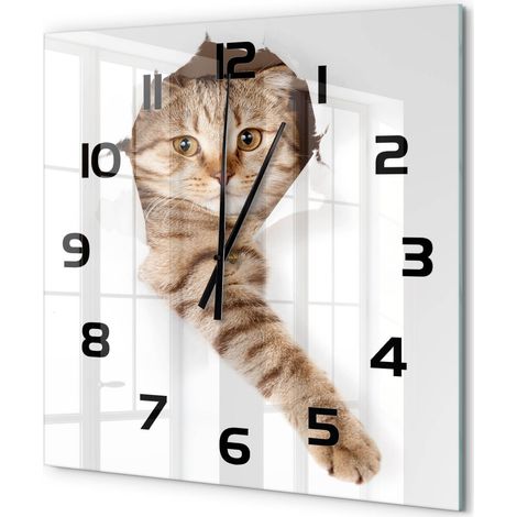 Grande Horloge Murale Carrée Design en Verre Trempé Silencieuse Décoration Intérieure Chat 60x60 cm (1/5)