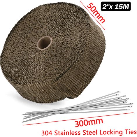 Cinta aislante térmica de titanio Magma de 15 m x 50 mm + 10 bridas de acero inoxidable para tubos de escape de motocicletas.