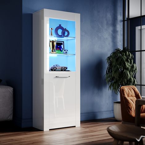 ELEGANT High Gloss Front Display Cabinet Modern Design Showcase Cabinet with 5mm Tempered Glass shelves, White 600 x 350 x 1650 mm