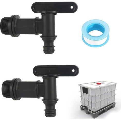 Deux ensembles de robinets de récupération d'eau de pluie (avec ruban en PTFE), robinet de sortie IBC de 3/4 pouces, robinets de remplacement en plastique pour collecteur d'eau de pluie. (1/4)
