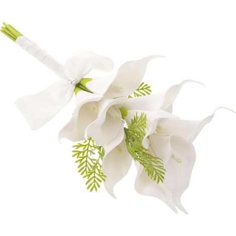 Bouquet de Mariée Artificiel Blanc Fleurs de Calla Réalistes en PU et Ruban, Décoration Polyvalente Élégante pour Portraits Nuptiaux et Cérémonies (1/5)