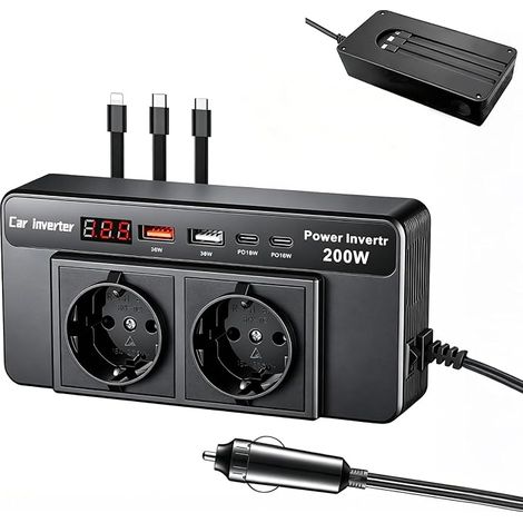 Onduleur Auto 200W (12V vers 220V), avec 2 Prises, 2 Ports USB (36W), 2 Ports PD (18W), écran LCD et 3 câbles de Charge – Idéal pour Voyages d’Affaires, Camping et activités en Plein air (1/5)