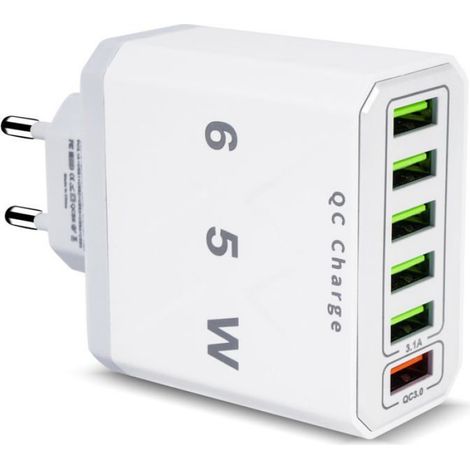Chargeur USB Multiple, 65W 6 Ports USB Chargeur Rapide avec QC 3.0 Smart Fast Charger, Universel Adaptateur Secteur USBA Chargeur (1/5)
