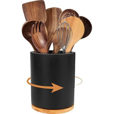 Porte-couverts rotatif à 360° - Range-couverts - Ustensiles de cuisine - Imperméable - Bois - 15 x 15 x 18,54 cm - Noir (1/5)
