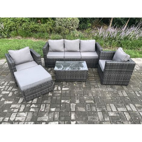 Fimous Rattan Gartenmöbel Set mit 3-Sitzer Sofa Couchtisch 2 Sessel Big Foothocker Indoor Outdoor Patio Lounge Sofa Set Dunkelgrau Gemischt