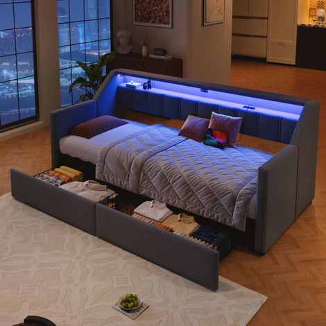 Canapé-lit escamotable 90x200 cm, banquette convertible avec LED et ports USB/Type-C, 2 tiroirs de rangement, poches latérales, gris, sans matelas, lit d'appoint multifonction (1/5)