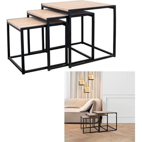 Lot de 3 Tables Gigognes - HOME DECO FACTORY - Carrées - Industrielles - Marron et Noir (1/5)