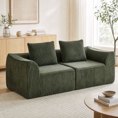 Canapé modulable en velours côtelé vert, lignes courbes, sans montage, avec 2 coussins (1/5)