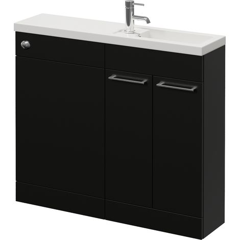 Napoli 250 Matt Black 1000mm 2 Door Vanity Unit Toilet Suite with Square Silvo Basin - 1000mm - Chrome 160mm HandleWithout Kingston Toilet Pan