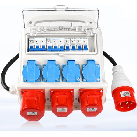 Répartiteur mural pré-câblé, 4 prises Schuko 230 V + 2 CEE 16 A + 1 CEE 32 A, distributeur de courant de construction avec disjoncteur de protection, boîtier étanche IP67 pour l'intérieur et (1/5)