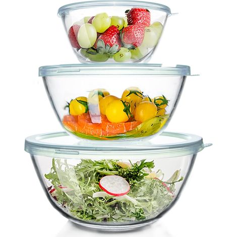 Lot de 3 grands bols mélangeurs en verre avec couvercles sans BPA, peu encombrants, bols en verre pour la cuisine, la pâtisserie, la préparation, le stockage des aliments (1/5)