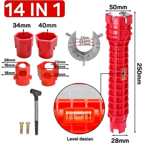 Kit d'installation de robinetterie (5 en 1) 14 en 1 : clés à robinet, clés à pipe, outils à main pour la réparation et l'installation de plomberie de salle de bain et de cuisine. (1/5)