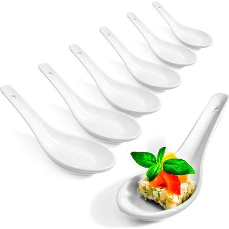 Cuillères asiatiques en porcelaine blanche – Lot de 6 – Cuillères à riz et de service – Pour nouilles, entrées, desserts et bols – Style dim sum (1/5)