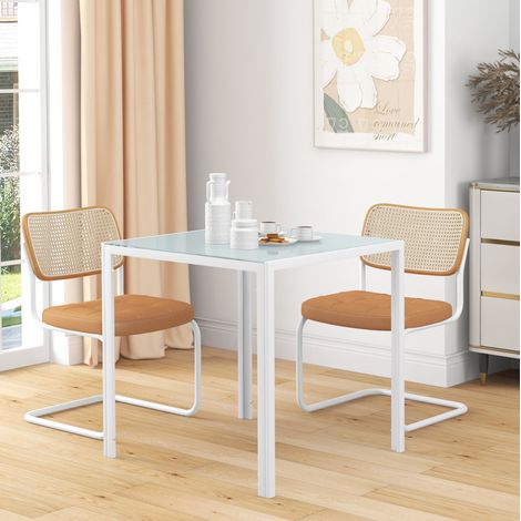 Esstisch 75x75x75 cm Weiß aus Glas mit Metallgestell, quadratisch und platzsparend für 4 Personen