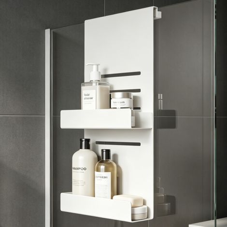 doporro Duschablage ohne Bohren, Duschregal ohne Bohren 2 Ebenen, Duschablage zum Hängen für Glasduschtüren, höhenverstellbar mit 5 Haken, Shampoo Halterung für Dusche, Duschkorb Sandweiß, Oryne-01